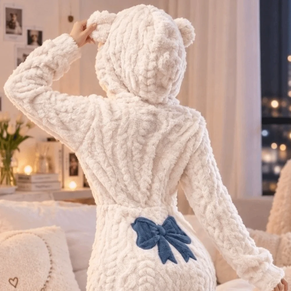 Gemütlicher Kapuzen-Overall, Schlafanzug, langärmelig, mit Schleife, Plüsch-Overall, Pyjama, Bärenohren, warmer, einteiliger Pyjama, Nachtwäsche – Detail 11