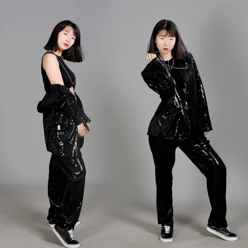 Red Black Sequin Coat Pants Hip Hop Clothing For Women Grooup Jazz Performance Dance Costumes Nightclub Ds Dj Rave Outfit XS5360