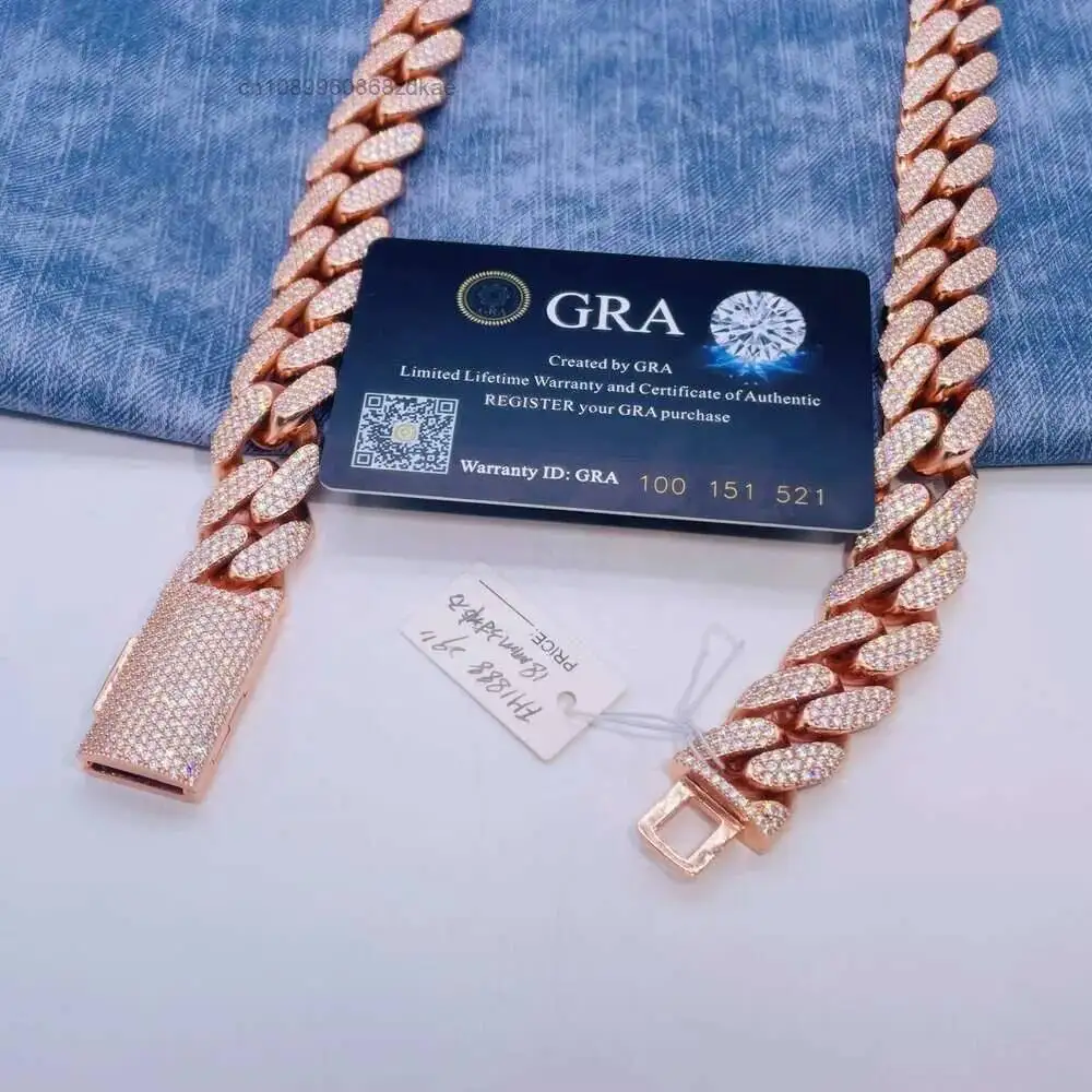 Luxury 18mm Moissanite Hip Hop Chain Pass Diamond Tester S925 Three Rows Vvs Moissanite Cuban Link Chain.