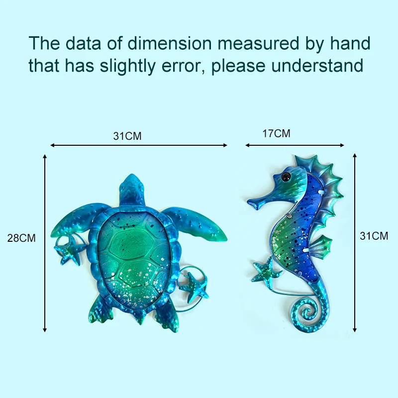 Metal niebieski żółw konik morski ze sztuką szklana ściana do domu dekoracyjna rzeźba motywem oceanicznym posąg salonu w łazience basen