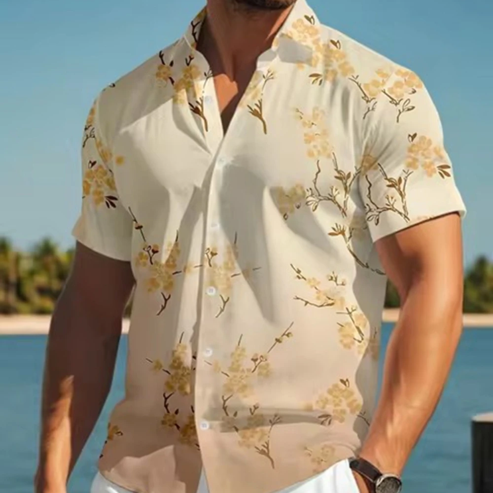 Men's Hawaiian Shirts Button-Down Floral Print Short Sleeve Shirt With Irregular Floral Cut For Casual & Vacation In Summer