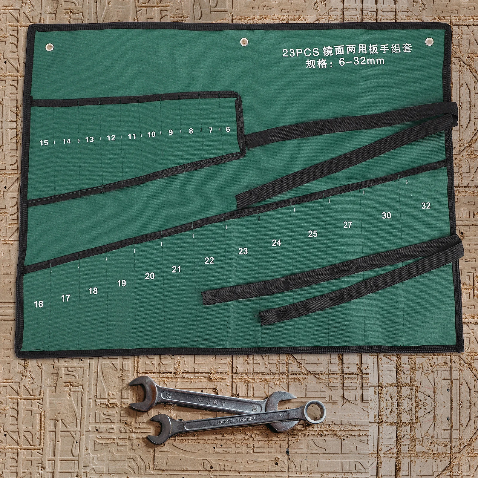 내구성 있는 캔버스 롤업 렌치 보관 가방, 통합형 타이 스트랩과 접이식 플랩 포함, 스패너 및 휴대용 공구 세트용