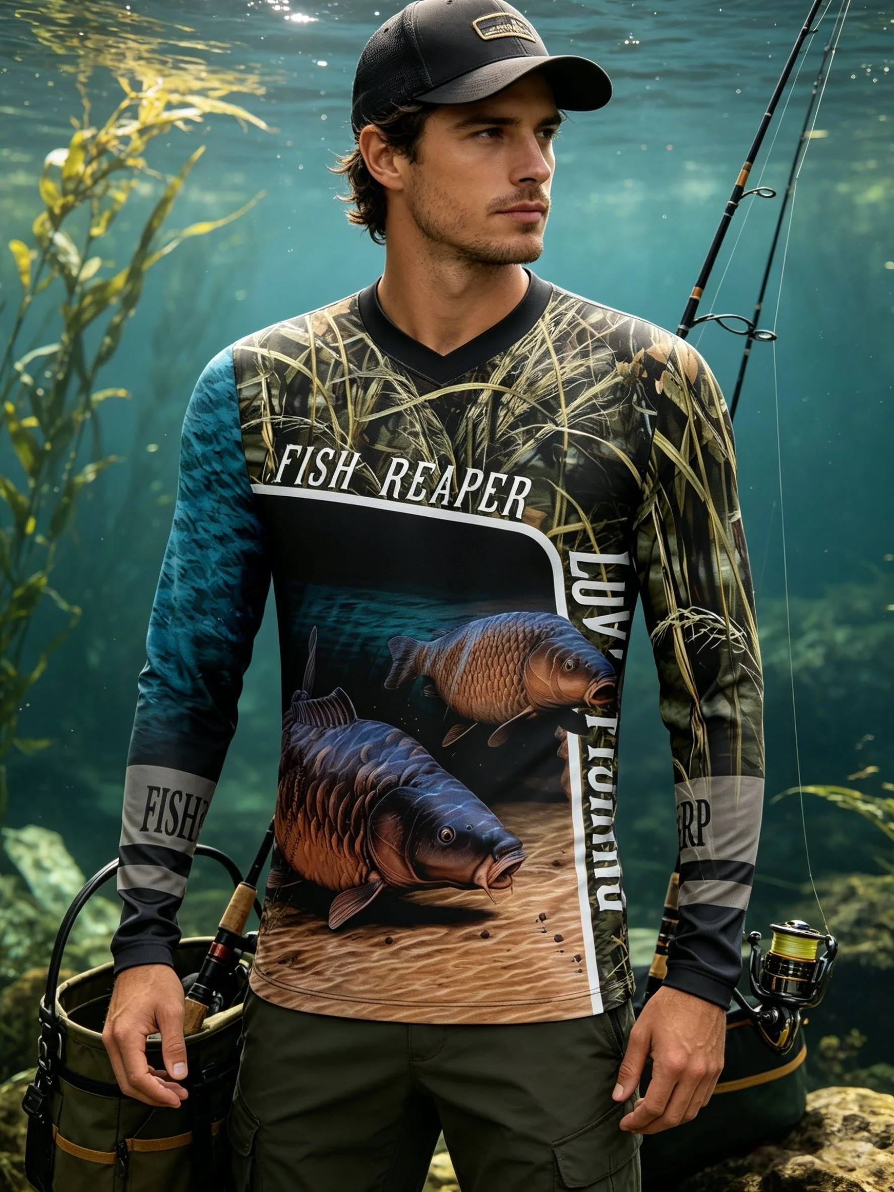 Trendy Unisex Long Sleeve V‑Neck Sun Protection Fishing Tee 3D Bass Carp Fish Print Outdoor Sport Tops For Fishing Lovers Angler