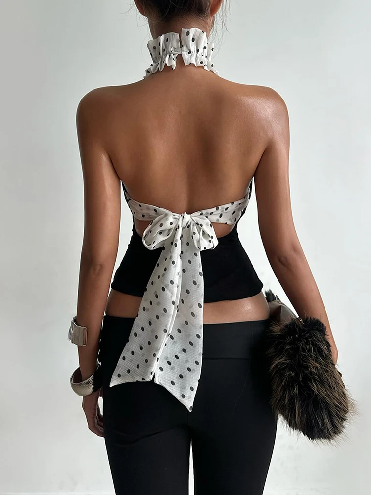 

Cutenew Backless Sexy Mesh Halter Tank Top Women Patchwork Polka Dots Lace-Up Chest Wrapped Street High Stretch Skinny Clubwear