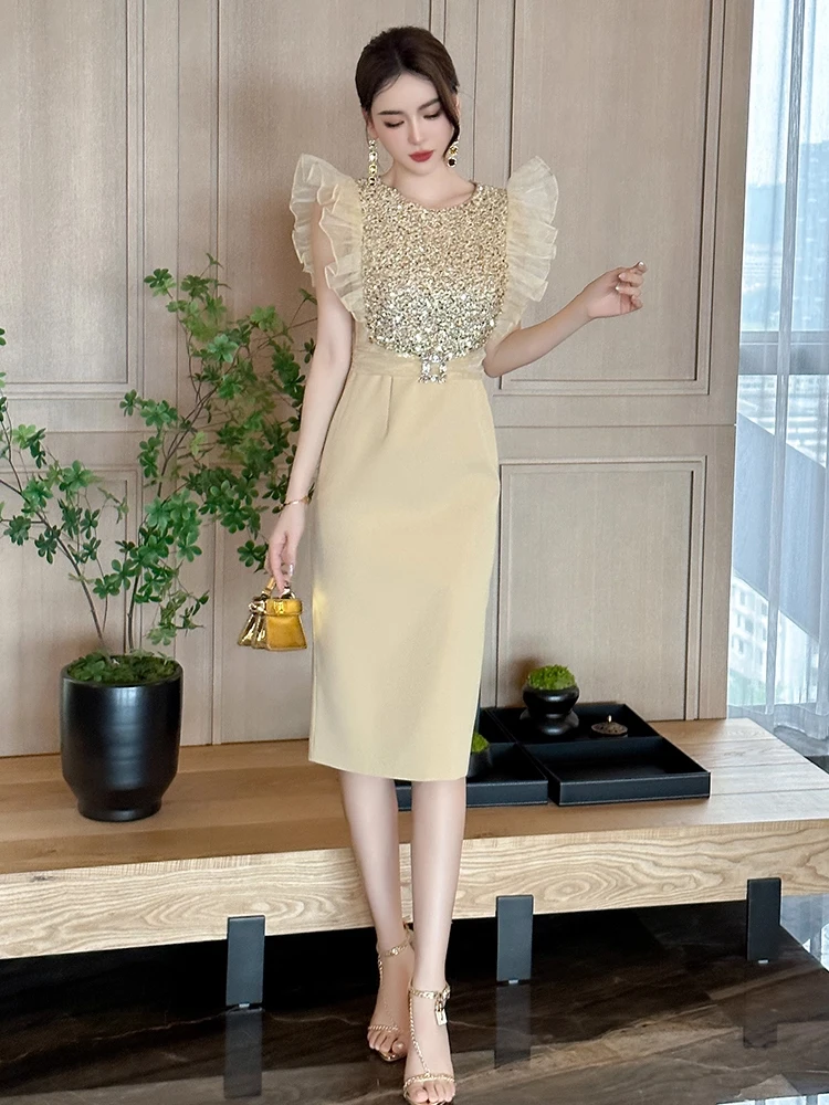 Moda verão elegante luxo brilhante lantejoulas vestido de noite roupas femininas manga voadora magro cintura alta midi festa baile vestidos