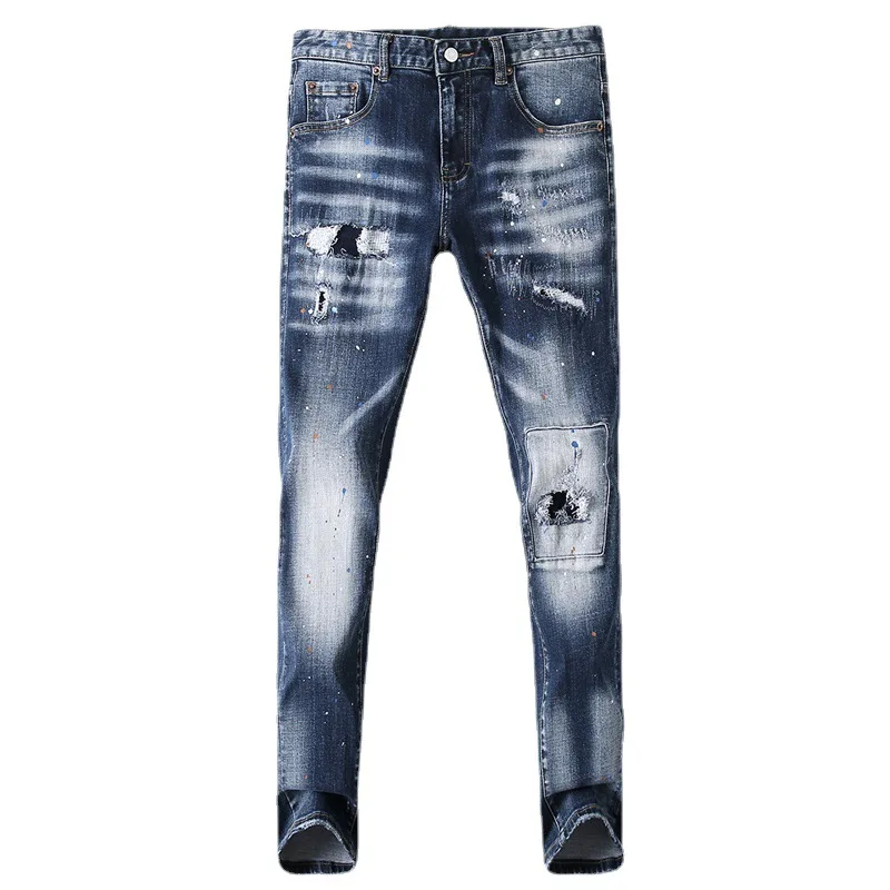 Street Fashion Men Jeans Retro Blue Elastic Stretch Skinny Fit Ripped Jeans Men Vintage Trousers Painted Designer Hip Hop Pants