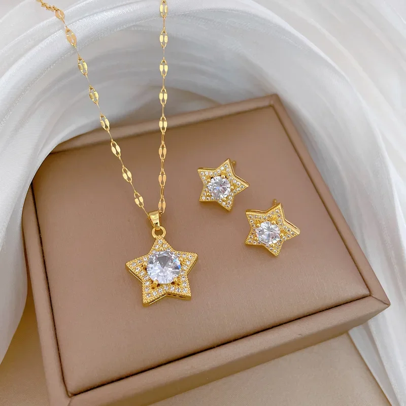 Cute Classic Gold Color Stainless Steel Five-pointed Star Zircon Pendant Necklace for Women Luxury Earring Jewelry Set Colorfast