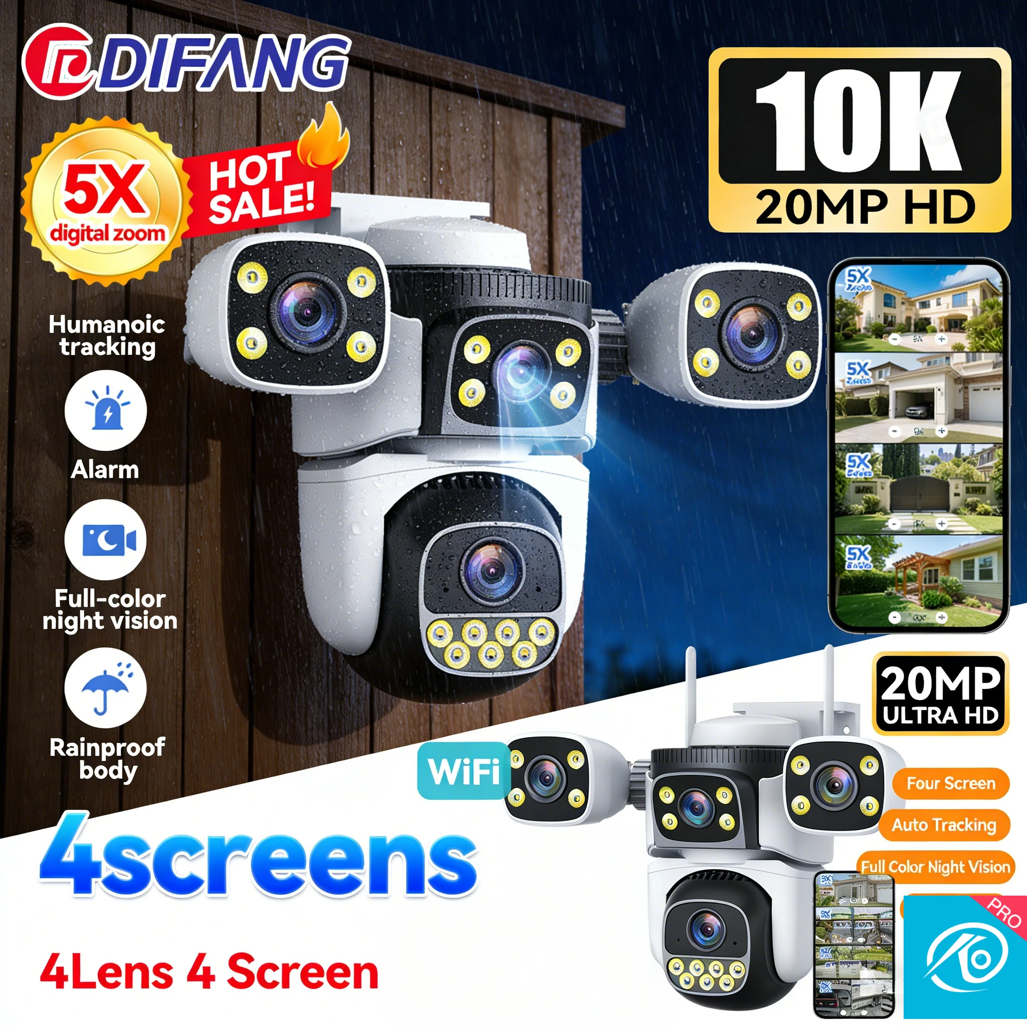 

Четырехэкранная камера 10K 20MP с Wi-Fi и обзором 360° ° 5-кратный зум Wi-Fi 6 CCTV с автоматическим отслеживанием P2P для видеонаблюдения и защиты дома O-kam Pro