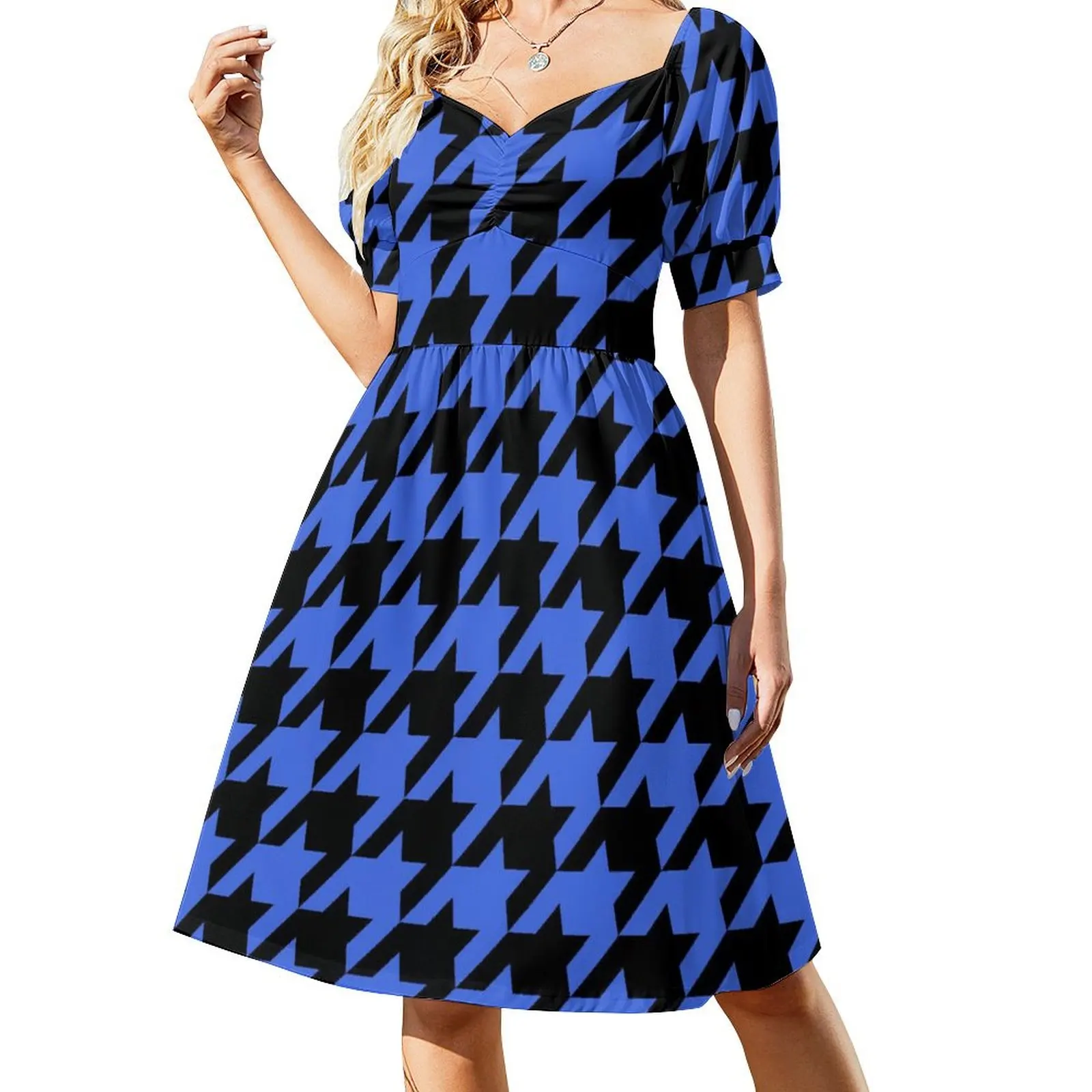 

Blue Houndstooth Casual Dress Vintage Print Aesthetic Dresses Sexy V Neck Pretty Design Dress Big Size 3XL 4XL