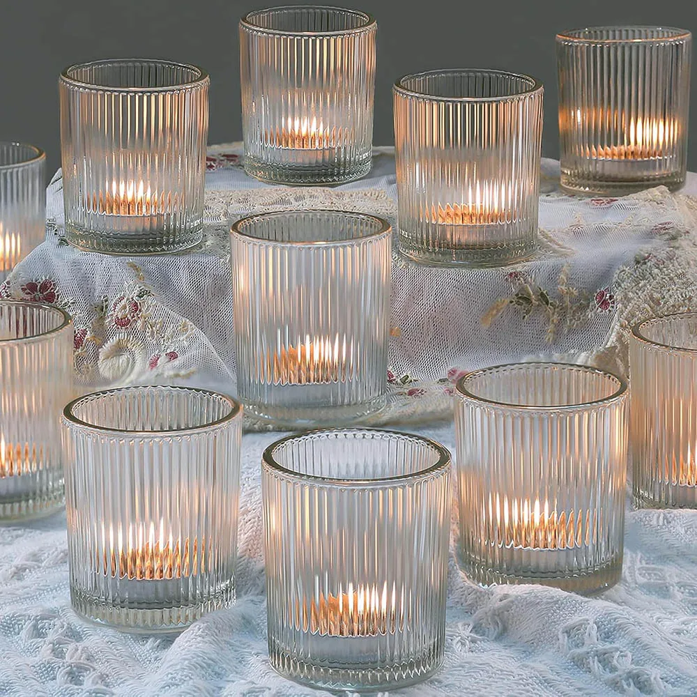 Clear Glass Votive Candle Holders for Wedding Decor – Vintage Stripe DIY Wax Fill Tealight Holders for Table Centerpieces