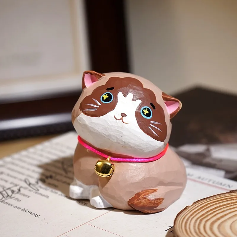 1 PC Handmade Wood Carved Maillard Bell Cat Figurine Cute Cartoon Cat Office Desk Bookshelf Decor Table Ornament Home Craft Gift