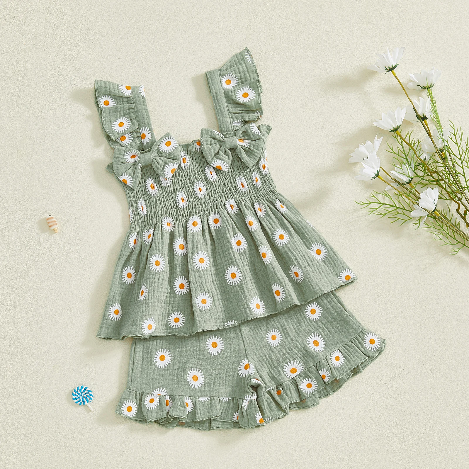 Toddler Kids Baby Girls Summer Clothes Sets Floral Print Ruffles Sleeveless Bowknot Ruched Tanks Tops+Shorts Holiday Beachwear