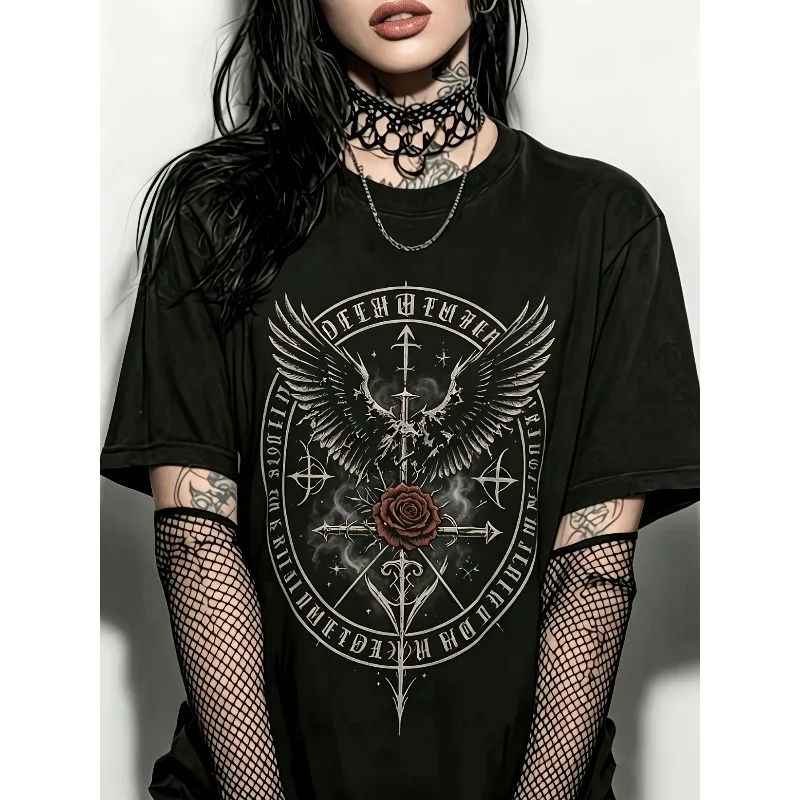 American Trendy Women's Gothic Wing Rose Mystery T-shirt - Retro Wizard Style Aesthetics Y2K Trendy T-shirt