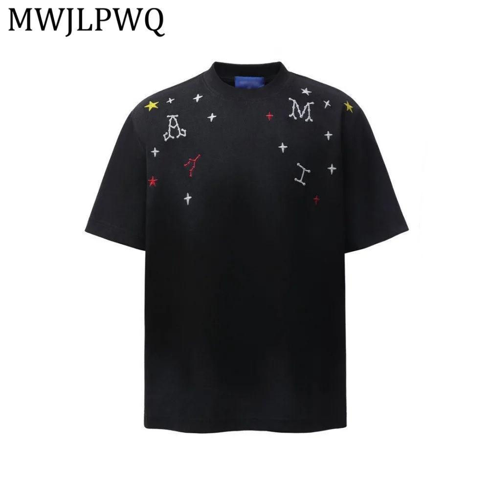 

Футболка с коротким рукавом и вышивкой букв MWJLPWQ, мужская, в стиле хип-хоп, модная, с эффектом тай-дай, с потертостями, летняя/весенняя, 14112