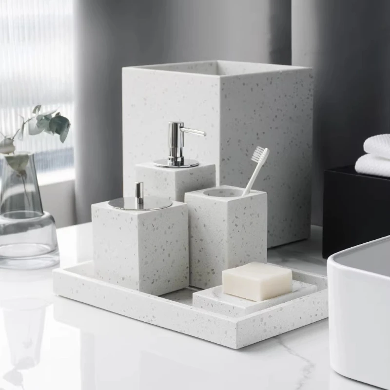 Marble Bathroom Set Square Soap Dispenser with Premium Electroplated Nozzle, Nordic Toothbrush Holder for Modern Home Decor