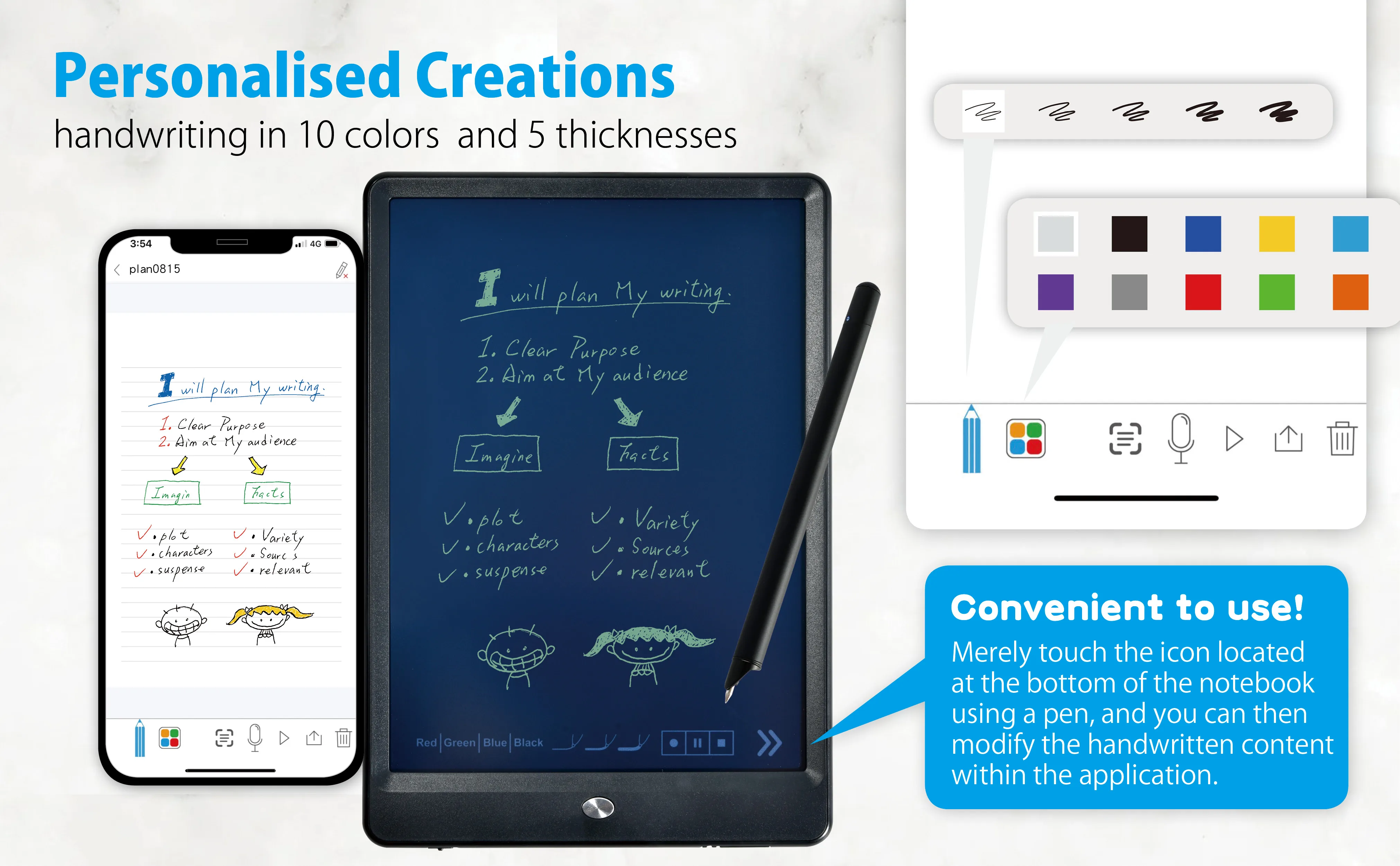 Ophaya luxury Smart Writing Set2: Pen and 10.5“ Reusable Writing&Drawing Pad W/ Gift Package,  Bluetooth, Wireless, iOS, Android