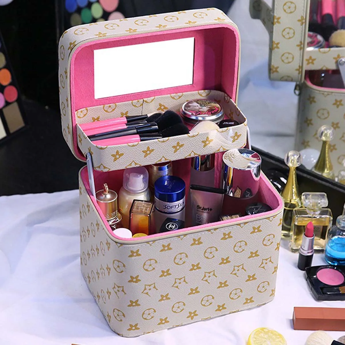 Unisex storage box fashion makeup bag New large capacity cosmetics storage box with mirror two wholesale price