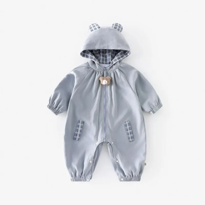 2025 Fall Baby Hooded Romper - Korean Style Plaid Jumpsuit for Newborns & Infants