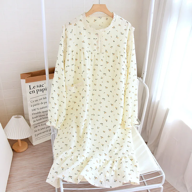 Sweet Gauze Cotton Home Nightgowns Women\'s Round Neck Nightdress Thin Section Floral Spring Summer Long Sleeve Sleepwear