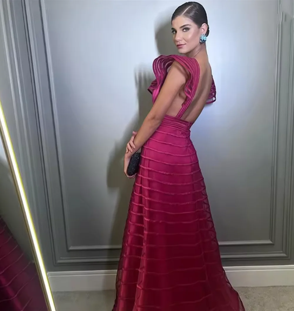 A-Line Fuchsia Formal Dresses Pleat Sleeveless Prom Gown for Woman Deep V-Neck Wedding Party Dress robe de bal Customized