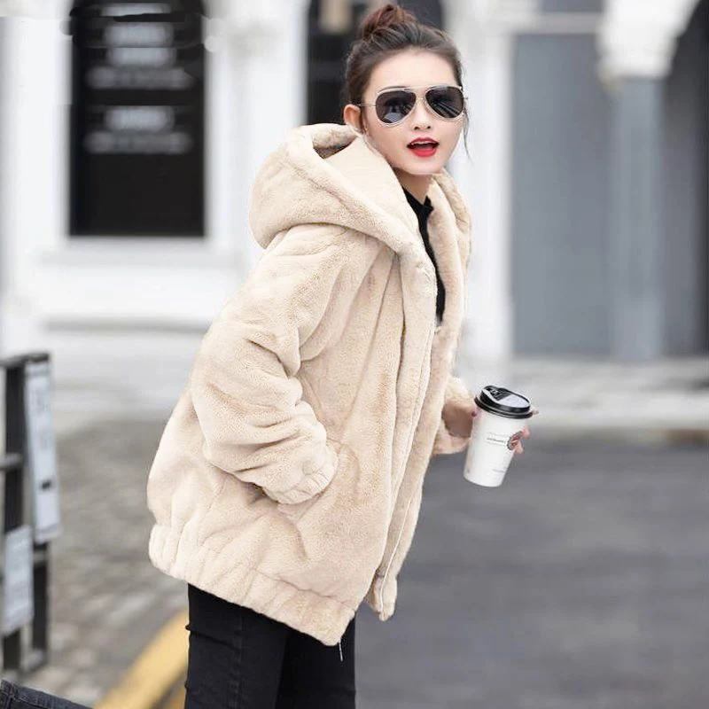 Winter Plus Velvet Warm Jacket Hooded Thicken Warm Korean Loose Faux Fur Coat Streetwear Long Sleeves Fashion Midi Outerwear