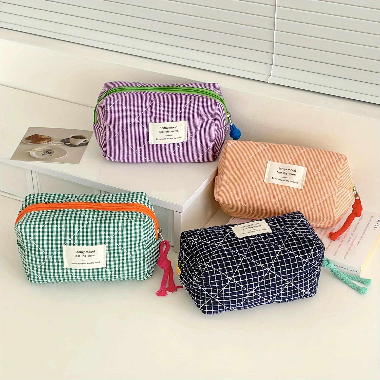 Plaid Quilted Octagonal Storage Bag Large Capacity Portable Travel Cosmetic Pouch Color Contrast Zipper Tassel Women Toiletry Or