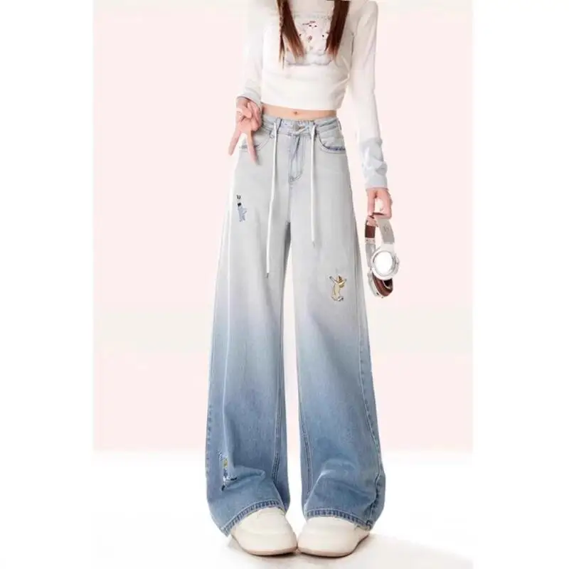 2026Four Seasons New Women Clothing American High Street Gradient Blue Embroidered Jeans Fashion Design Loose Floorwide Legjeans