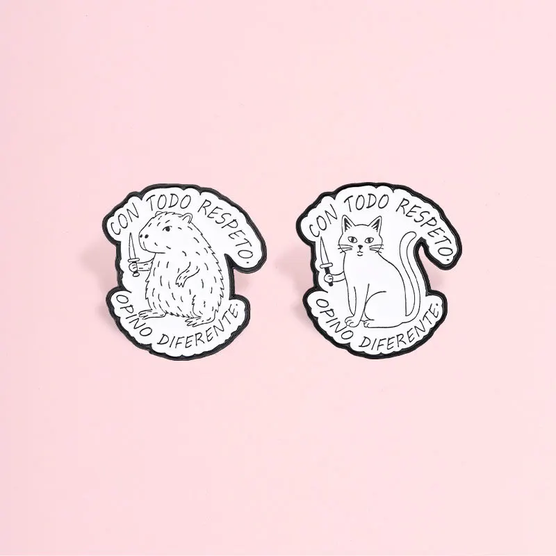 Fun animal quotes metal brooch with knife cat capybara simple drawing black and white pin badge accessory