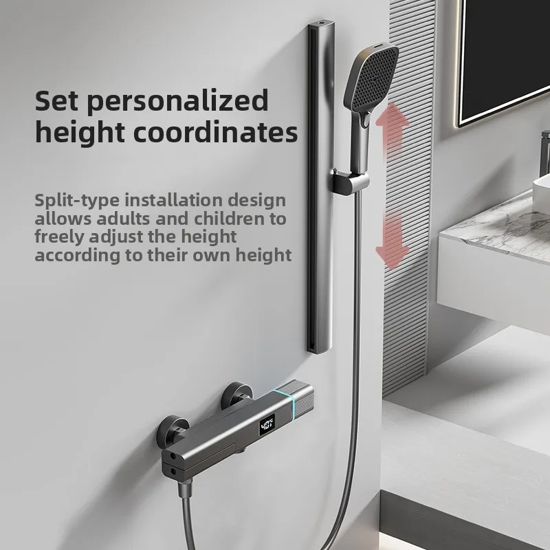 Gun gray smart digital display simple shower set, household shower, piano button constant temperature portable shower