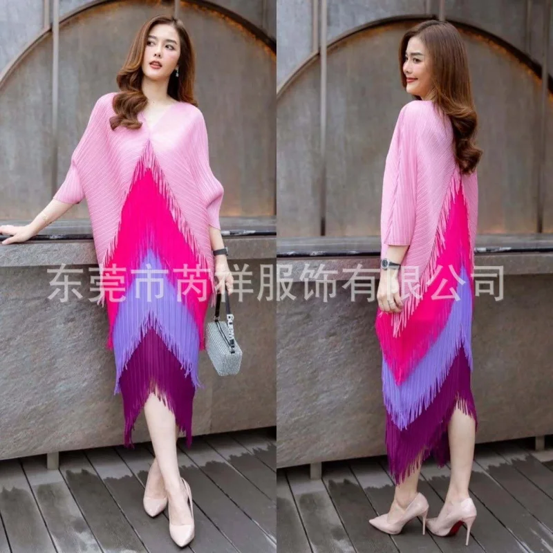 

HANGXI Tassel Patchwok Color Block Dress for Women Pleated Batwing Sleeve Mid-calf Dresses Fashion Female 2025 Summer