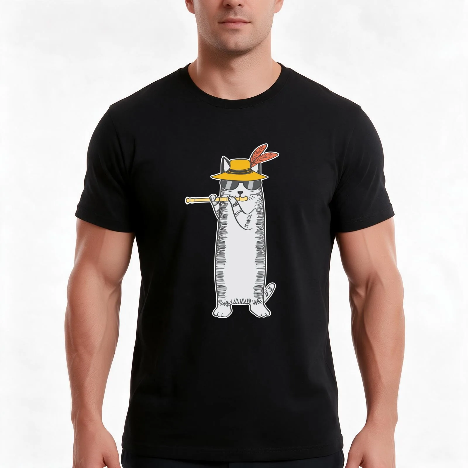 Cool Cat Wearing Sunglasses Playing The Flute T-Shirt, Summer Casual Cotton Tee, Oversized Streetwear Tops, Unisex Men Women