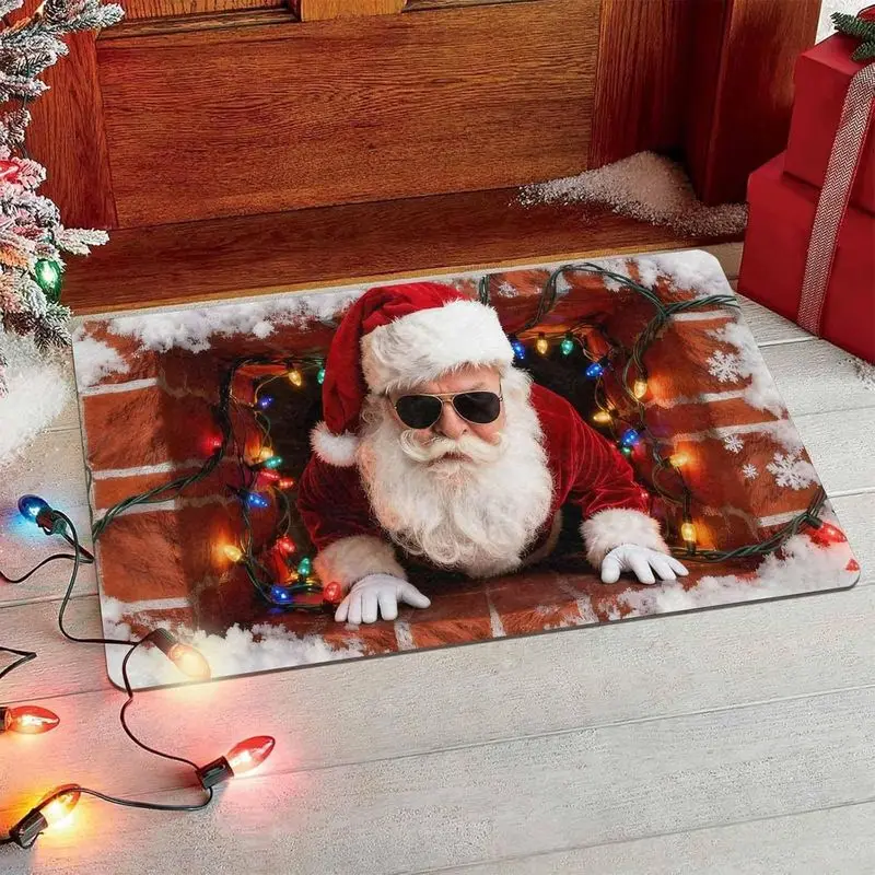 VIKAMA 3D Santa Sunglasses Chimney Welcome Rug Front Porch Mat Non Slip Entryway Floor Mat Seasonal Festive Decor Home