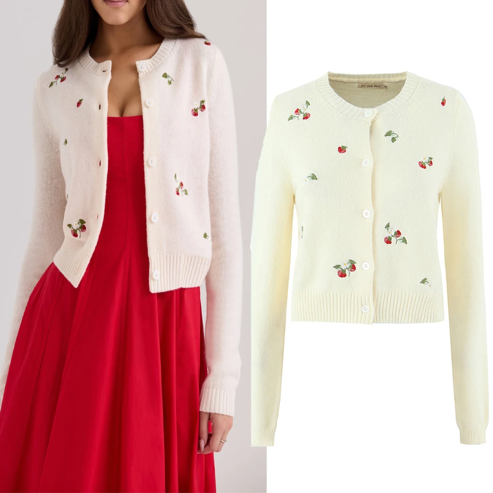 

Женский кардиган с вышивкой Sweet Cherry, универсальный простой теплый свитер, удобный длинный свек, круглый, Ne Spring Faion