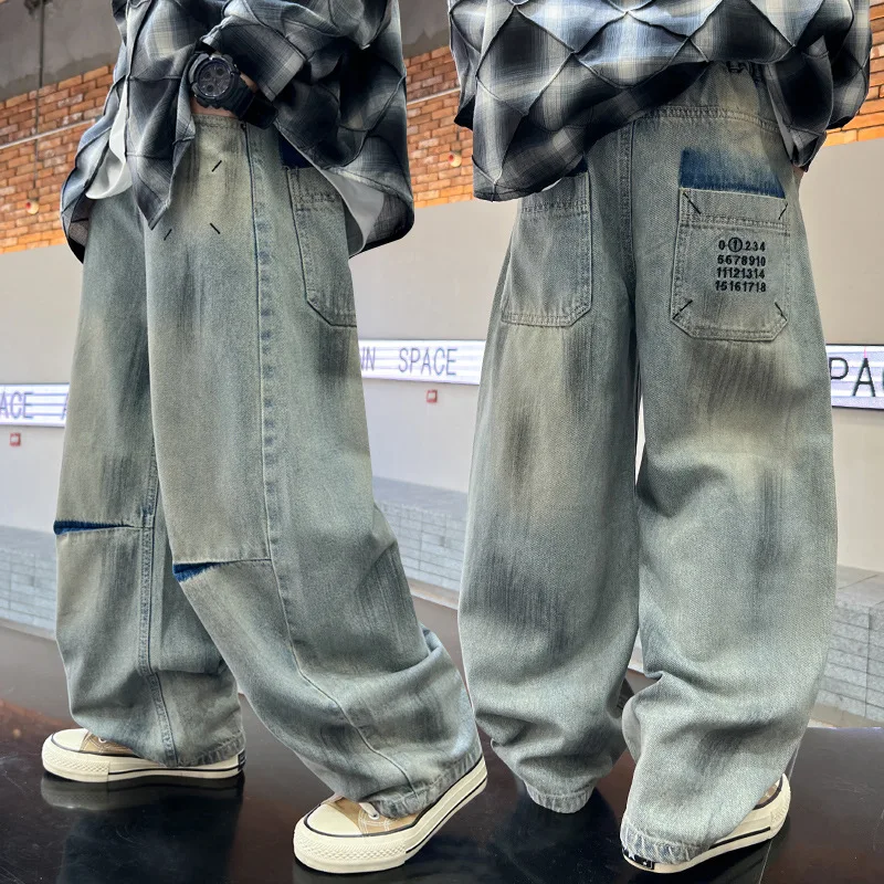 Retro Blue Kids Ripped Jeans with Letters Casual Loose Straight Denim Pants for Tween Boys Stylish Distressed Child Trousers