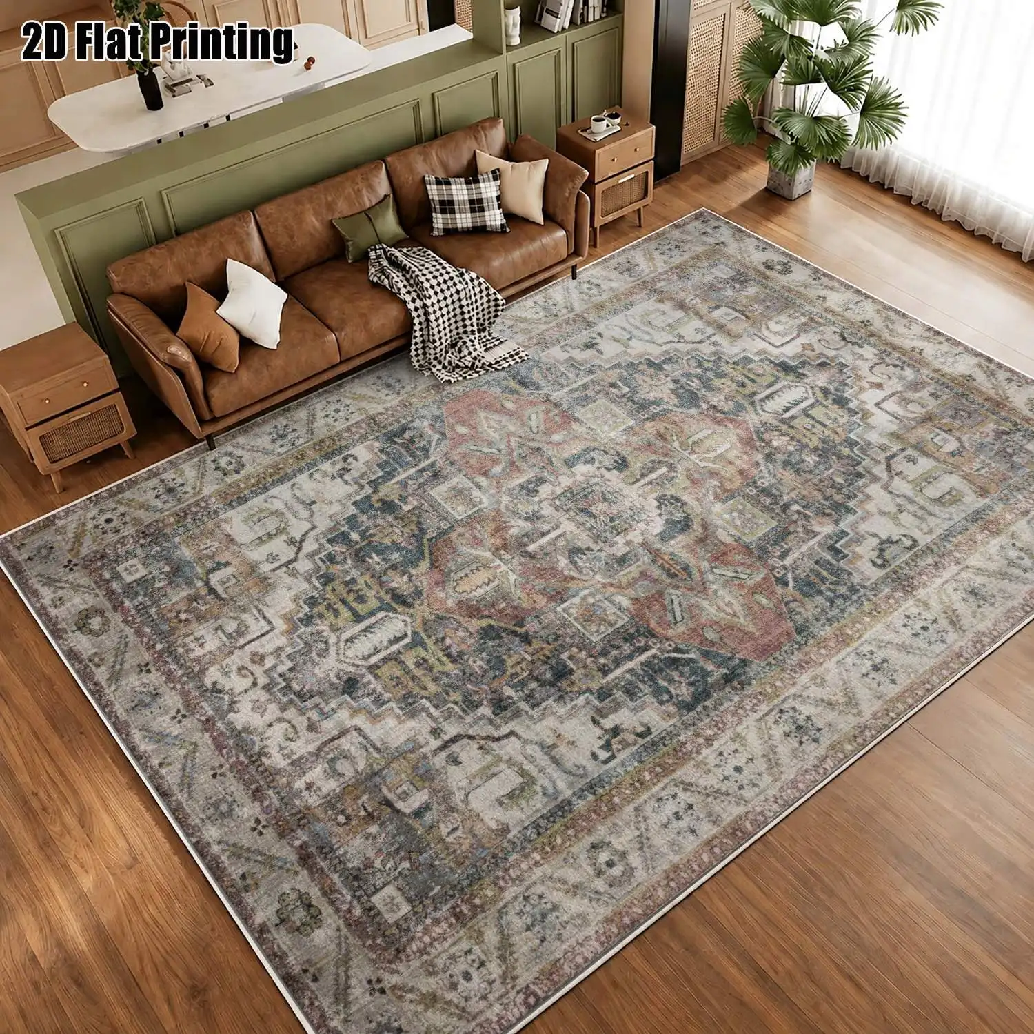 1Pc 2D Printed Retro Red-Brown Geometric Velvet Carpet, Vintage Boho European Style, Multi-Size, Machine Washable, for Entrance, Dining, Bedroom, Living Room, Home Decor