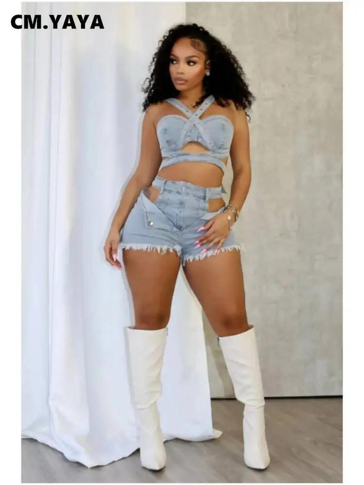 CM.YAYA Fashion Denim Cutout Women's Set Wrap Strap Crop Top And Shorts Jeans 2025 Summer Two 2 Piece Sets Outfits Tracksuit
