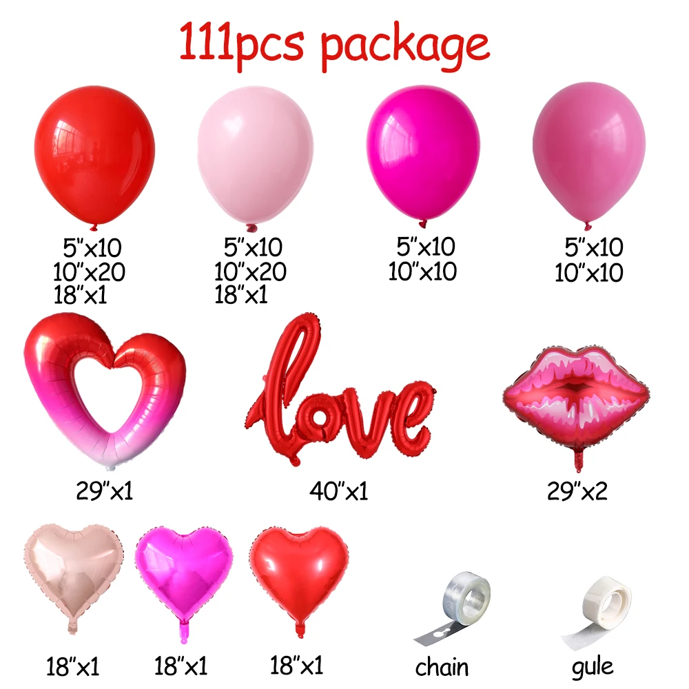 111pc Hot Pink Balloon Garland Arch Kit Pastel Love Lips Big Heart Foil Balloon Valentine's Day Wedding Girl Birthday Party Deco