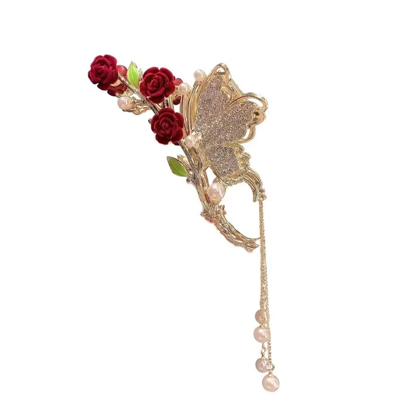 Grampos de cabelo strass rosa para mulheres, pérolas borboleta, clipe dourado borla, chapéu rabo de cavalo, acessórios para cabelo, moda elegante