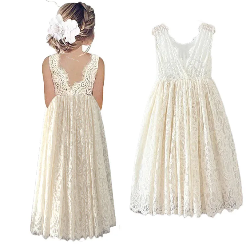 New Solid Lace Wedding Flower Girl Cotton Dress Birthday Party Christmas Piano Performance Dress Sweet Lovely Dress