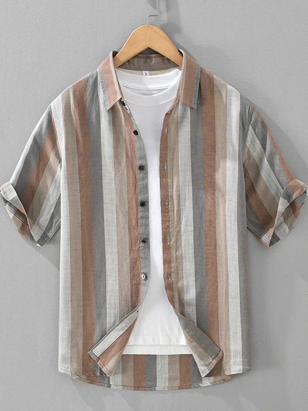 

Color Blo Vertical Stripes Men's ort Sve irt Summer Thin Breathable Linen Casual irt Faionable Loose Fit