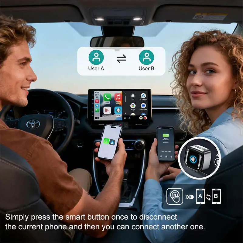 Skilldrive 2026 2 in 1 Mini Wireless CarPlay Adapter 2 Phones One-Tap Switch Android Auto AI Smart Box for Wired CarPlay Car