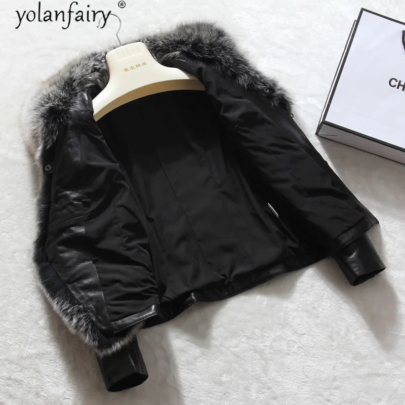 Fox Fur Real ปลอกคอ Sheepskin ลงหญิงของแท้หนังแจ็คเก็ตผู้หญิงฤดูใบไม้ร่วงฤดูหนาวแจ็คเก็ต Plus ขนาด Parka 2023 X-5566