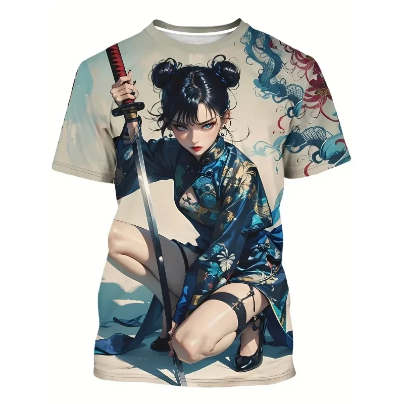 

Beautiful girl boy pattern men's T-shirt retro Chinese 3D printed T-shirt casual neutral short sleeved round neck T-shirt street