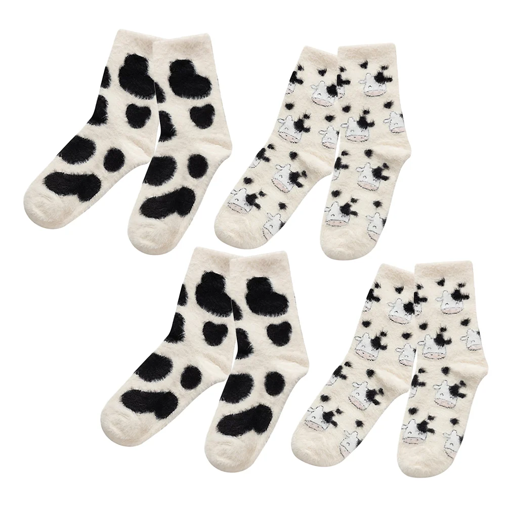 4 Pairs Cute Fuzzy Cow Socks Women Warm Socks Cozy Fluffy Slipper Socks Soft Thickened Crew Socks Fun Animal Print Socks (Cow Pr