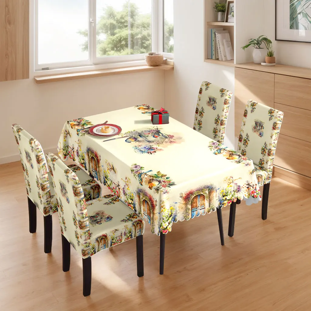 

5/7pcs Vintage Cottage Garden Print Tablecloth Elastic Chair Slipcovers Kitchen Dining Room Decor