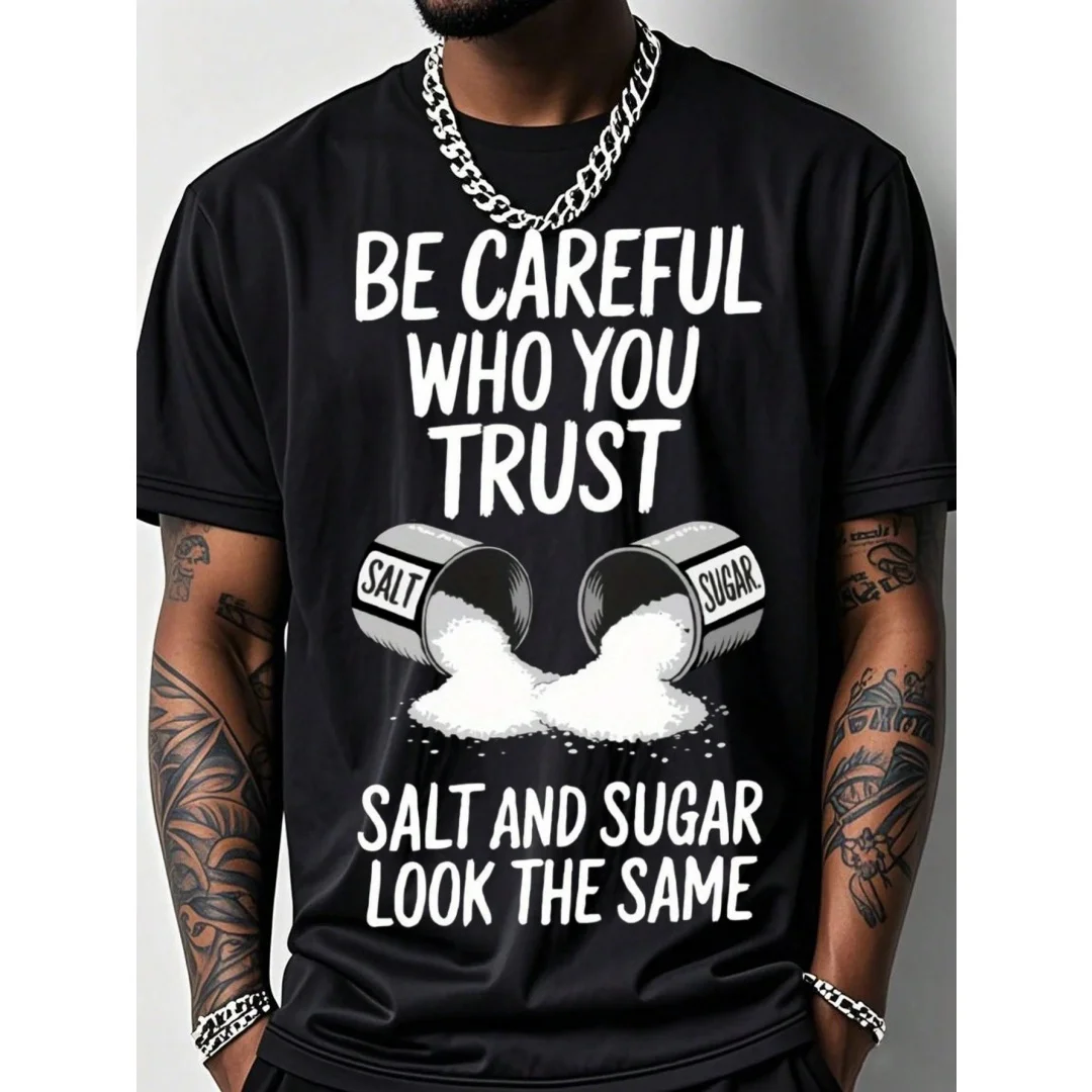 Summer Men's Funny Gym T-Shirt With Salt & Sugar Trust Graphic Print -  Relaxed Fit Breathable Short Sleeve Casual Shirt