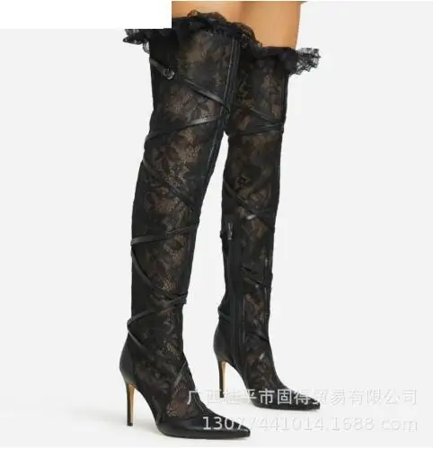 Black Lace Floral Cross Strap Pointed Toe Thin Heels Lotus Leaf Edge Over The Knee Boots Women Slim Long Bota Shoes Size 44