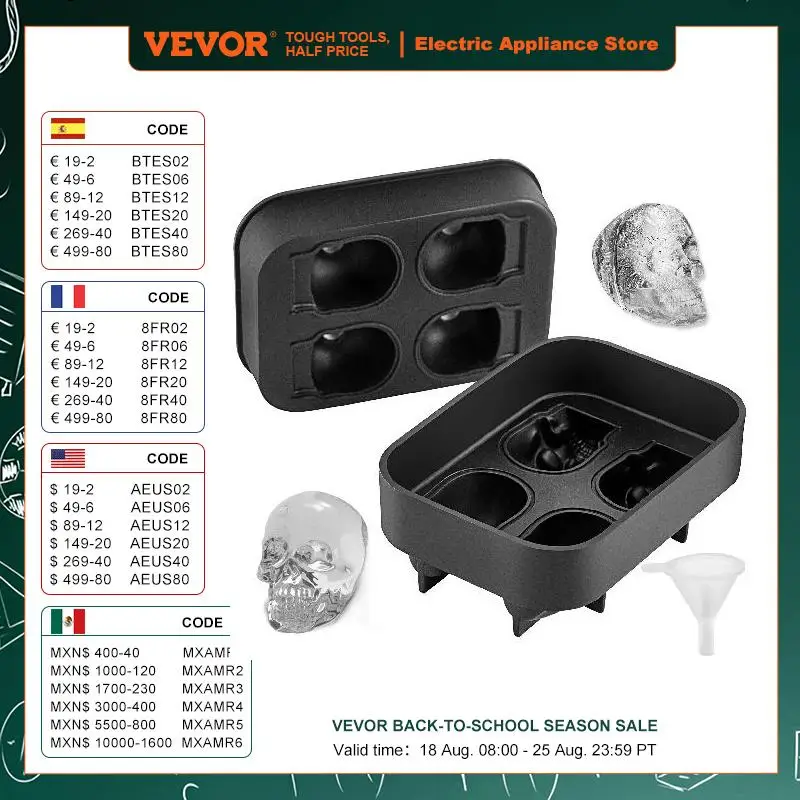 VEVOR Ice Cube Maker Black Silicone 4 Grid 3D Skull Shape Tray Home Party Bar Cool Whiskey Icy Beverage Ice Ball Mold DIY Tool