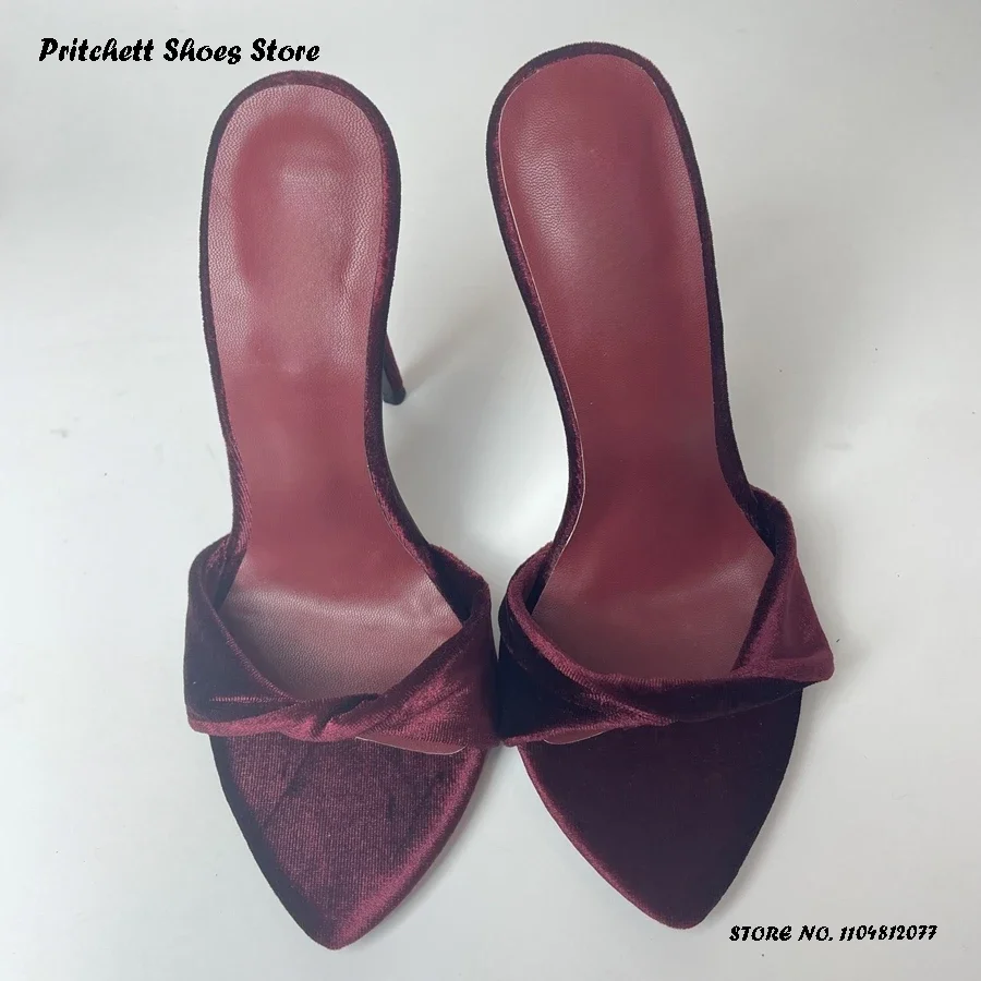 

Women's Wine Velvet Twist Cover Mules Spring Summer Pull On Party Evening Slippers Sexy Pointed Open Toe High Stilettos Shoes