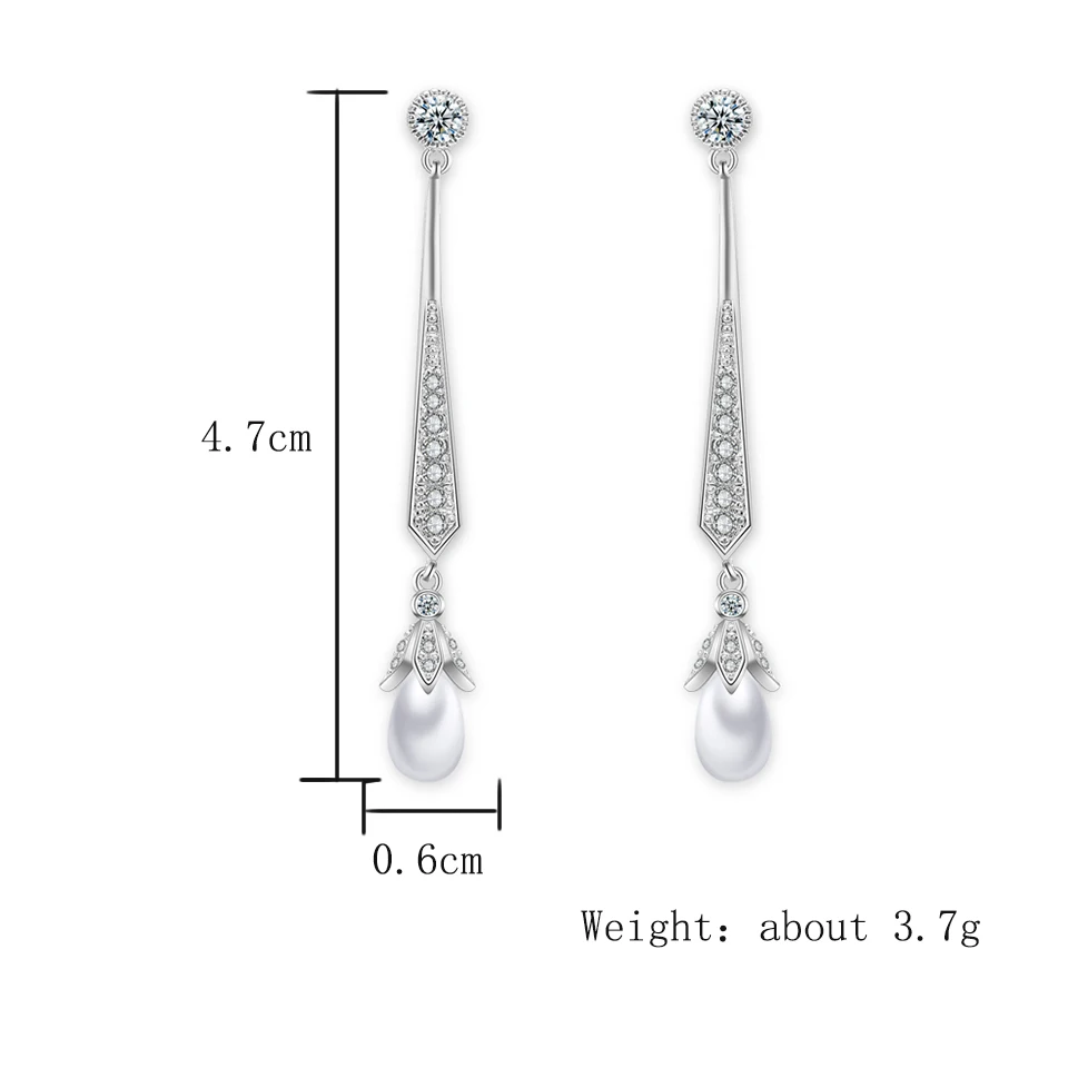 ZAKOL Elegant Imitation Pearl Pendant Long Earrings for Bridal Shiny AAA Cubic Zirconia Wedding Party Jewelry